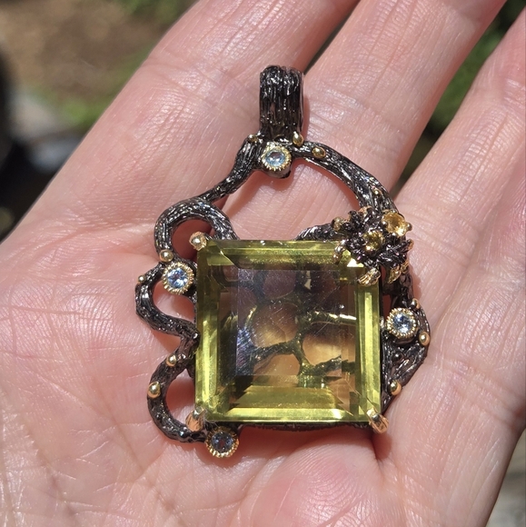 Citrine HUGE 52K & Aquamarine Gemstone Sterling Rhodium & Gold Pendant - Picture 11 of 11